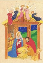 sainte famille dans une crèche avec l'ane et le boeuf